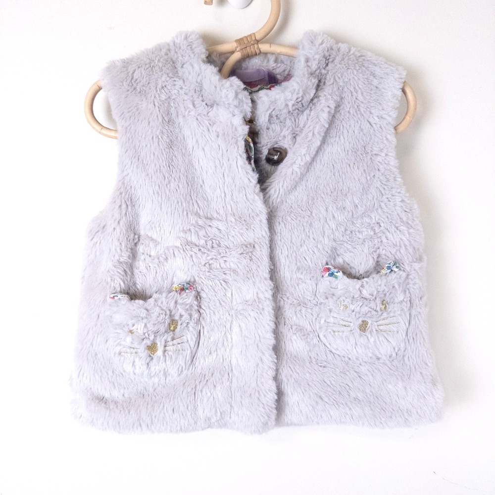 Mini Boden Faux Fur Vest Kids 3-4Y Gray Cat Face Floral Lining‎